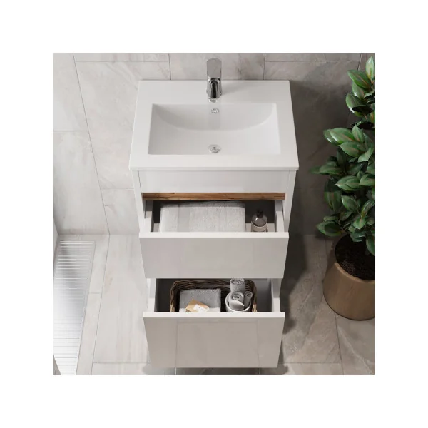 Meuble de Salle de Bain 50 cm avec Vasque 2 Tiroirs Chêne et Blanc Meuble avec Lavabo en Céramique