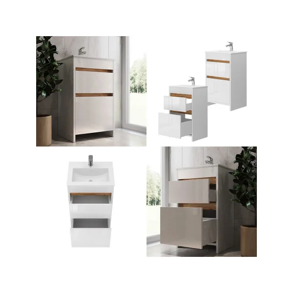 Meuble de Salle de Bain 50 cm avec Vasque 2 Tiroirs Chêne et Blanc Meuble avec Lavabo en Céramique