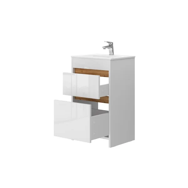 Meuble de Salle de Bain 50 cm avec Vasque 2 Tiroirs Chêne et Blanc Meuble avec Lavabo en Céramique