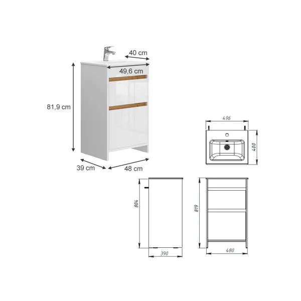 Meuble de Salle de Bain 50 cm avec Vasque 2 Tiroirs Chêne et Blanc Meuble avec Lavabo en Céramique