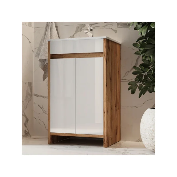 Meuble de Salle de Bain 50 cm avec Vasque Blanc et Chêne Meuble avec Lavabo en Céramique