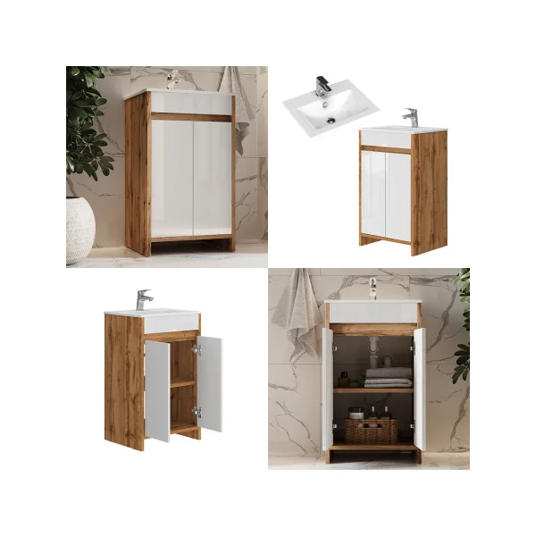 Meuble de Salle de Bain 50 cm avec Vasque Blanc et Chêne Meuble avec Lavabo en Céramique