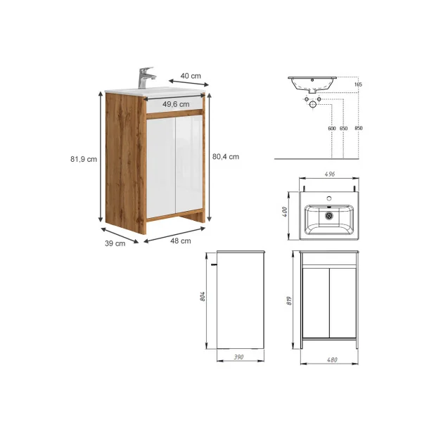Meuble de Salle de Bain 50 cm avec Vasque Blanc et Chêne Meuble avec Lavabo en Céramique