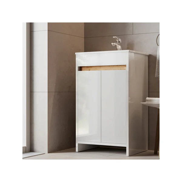 Meuble de Salle de Bain 50 cm avec Vasque Chêne et Blanc Meuble avec Lavabo en Céramique