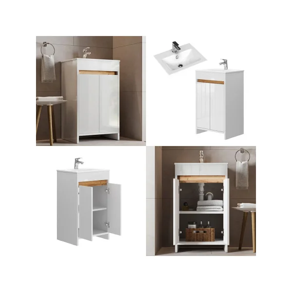 Meuble de Salle de Bain 50 cm avec Vasque Chêne et Blanc Meuble avec Lavabo en Céramique