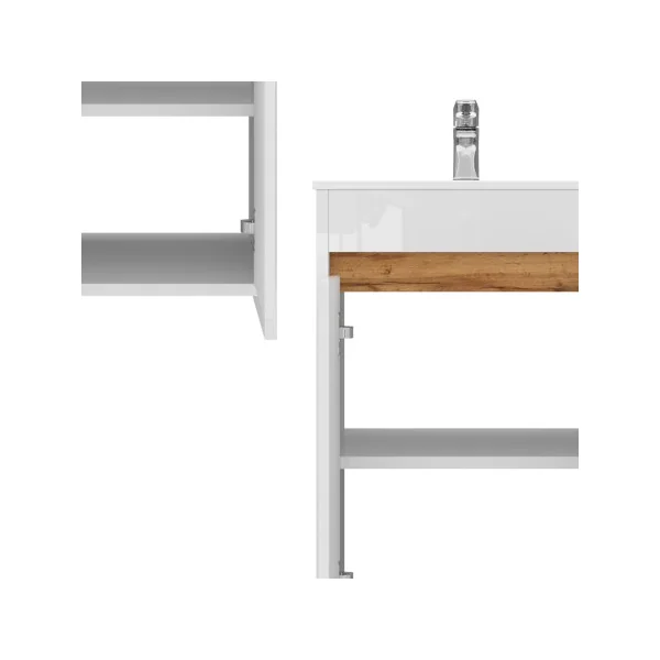 Meuble de Salle de Bain 50 cm avec Vasque Chêne et Blanc Meuble avec Lavabo en Céramique