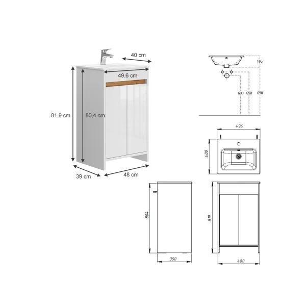 Meuble de Salle de Bain 50 cm avec Vasque Chêne et Blanc Meuble avec Lavabo en Céramique