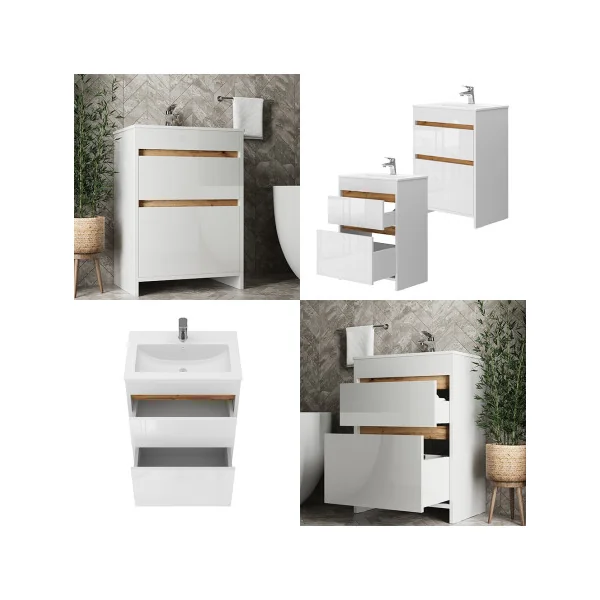 Meuble de Salle de Bain 60 cm avec Vasque 2 Tiroirs Blanc et Chêne Meuble avec Lavabo en Céramique
