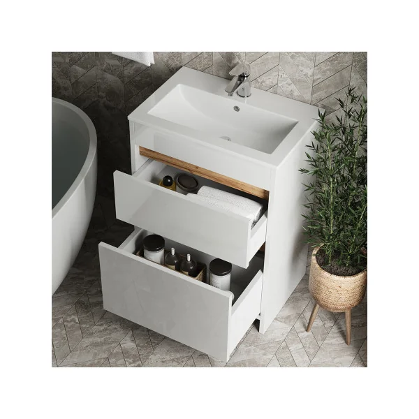 Meuble de Salle de Bain 60 cm avec Vasque 2 Tiroirs Blanc et Chêne Meuble avec Lavabo en Céramique