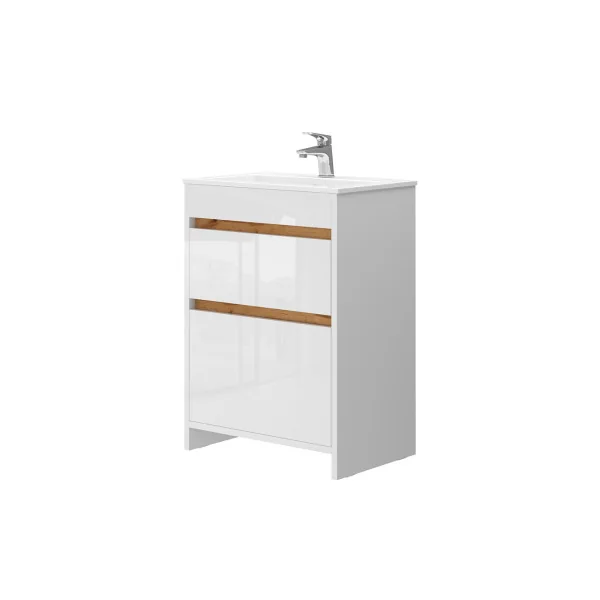 Meuble de Salle de Bain 60 cm avec Vasque 2 Tiroirs Blanc et Chêne Meuble avec Lavabo en Céramique