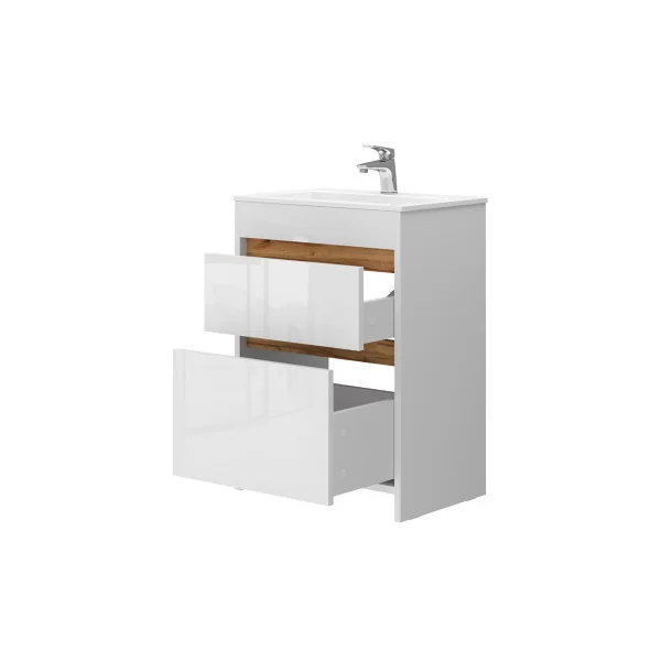Meuble de Salle de Bain 60 cm avec Vasque 2 Tiroirs Blanc et Chêne Meuble avec Lavabo en Céramique