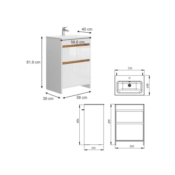 Meuble de Salle de Bain 60 cm avec Vasque 2 Tiroirs Blanc et Chêne Meuble avec Lavabo en Céramique