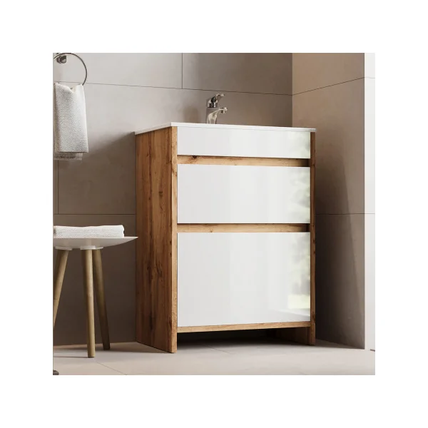 Meuble de Salle de Bain 60 cm avec Vasque 2 Tiroirs Chêne et Blanc Meuble avec Lavabo en Céramique