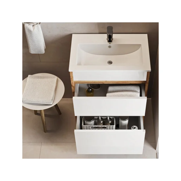 Meuble de Salle de Bain 60 cm avec Vasque 2 Tiroirs Chêne et Blanc Meuble avec Lavabo en Céramique