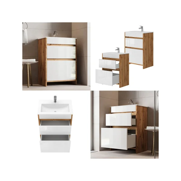 Meuble de Salle de Bain 60 cm avec Vasque 2 Tiroirs Chêne et Blanc Meuble avec Lavabo en Céramique