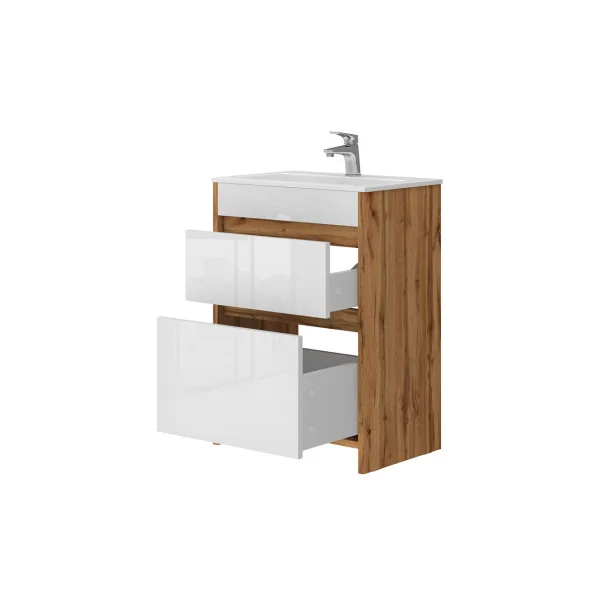 Meuble de Salle de Bain 60 cm avec Vasque 2 Tiroirs Chêne et Blanc Meuble avec Lavabo en Céramique
