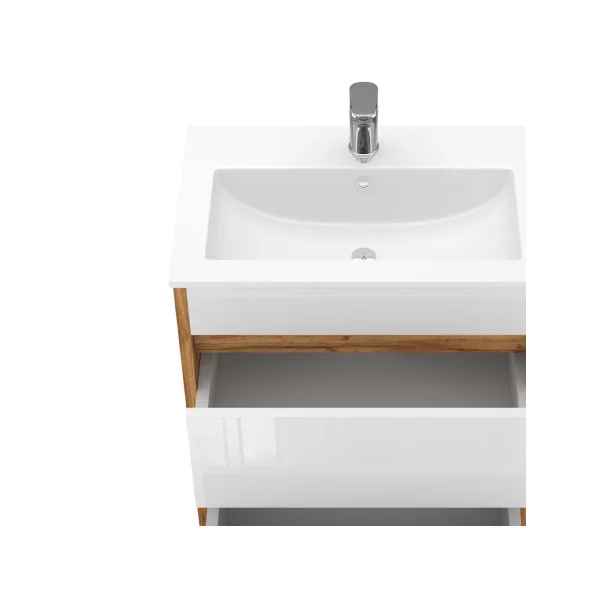 Meuble de Salle de Bain 60 cm avec Vasque 2 Tiroirs Chêne et Blanc Meuble avec Lavabo en Céramique