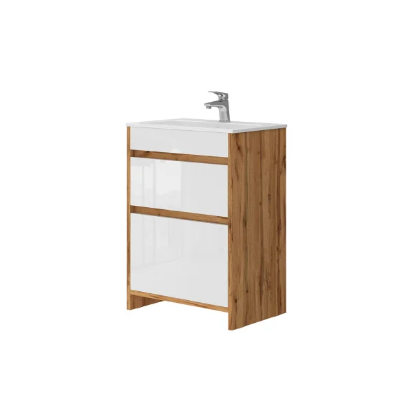 Meuble de Salle de Bain 60 cm avec Vasque 2 Tiroirs Chêne et Blanc Meuble avec Lavabo en Céramique