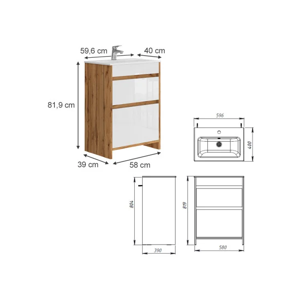 Meuble de Salle de Bain 60 cm avec Vasque 2 Tiroirs Chêne et Blanc Meuble avec Lavabo en Céramique
