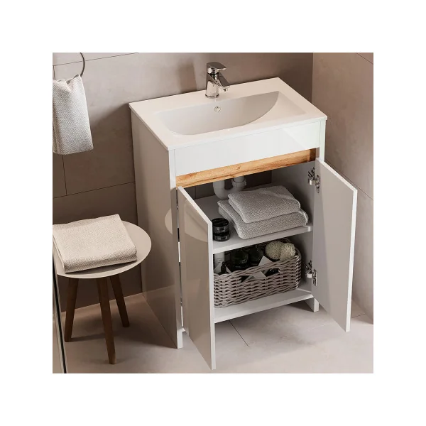Meuble de Salle de Bain 60 cm avec Vasque Blanc et Chêne Meuble avec Lavabo en Céramique