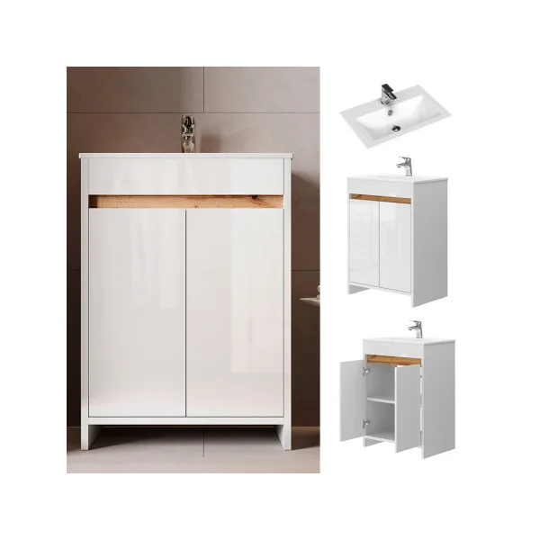 Meuble de Salle de Bain 60 cm avec Vasque Blanc et Chêne Meuble avec Lavabo en Céramique