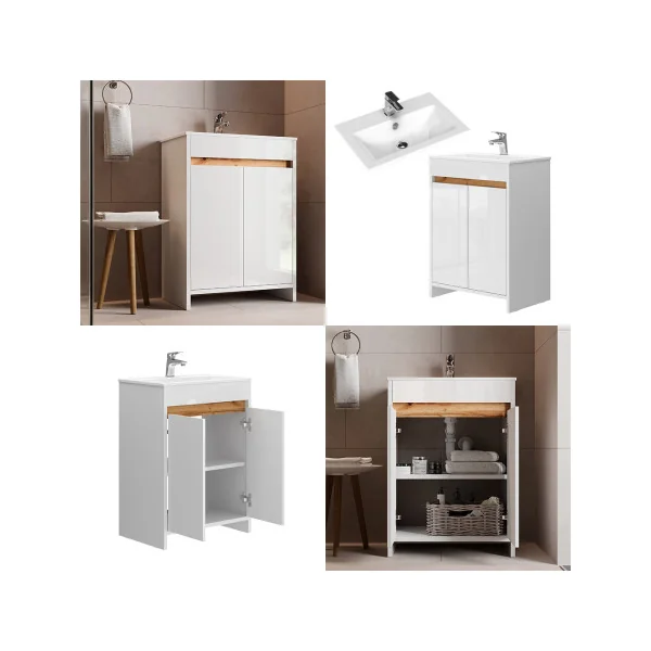 Meuble de Salle de Bain 60 cm avec Vasque Blanc et Chêne Meuble avec Lavabo en Céramique
