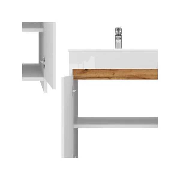 Meuble de Salle de Bain 60 cm avec Vasque Blanc et Chêne Meuble avec Lavabo en Céramique