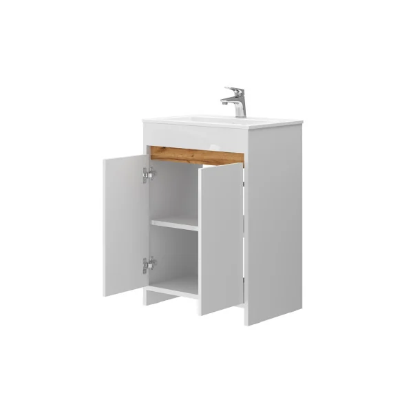 Meuble de Salle de Bain 60 cm avec Vasque Blanc et Chêne Meuble avec Lavabo en Céramique