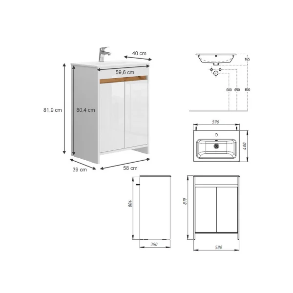 Meuble de Salle de Bain 60 cm avec Vasque Blanc et Chêne Meuble avec Lavabo en Céramique