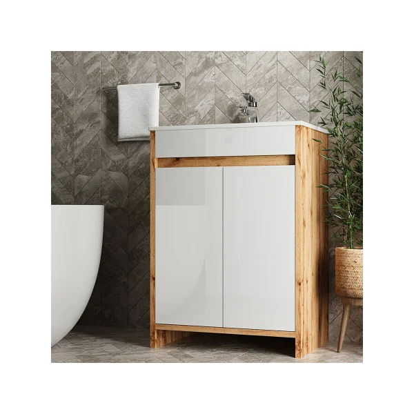 Meuble de Salle de Bain 60 cm avec Vasque Chêne et Blanc Meuble avec Lavabo en Céramique