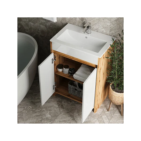 Meuble de Salle de Bain 60 cm avec Vasque Chêne et Blanc Meuble avec Lavabo en Céramique