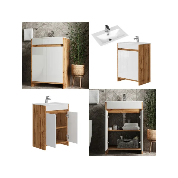 Meuble de Salle de Bain 60 cm avec Vasque Chêne et Blanc Meuble avec Lavabo en Céramique