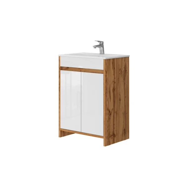 Meuble de Salle de Bain 60 cm avec Vasque Chêne et Blanc Meuble avec Lavabo en Céramique