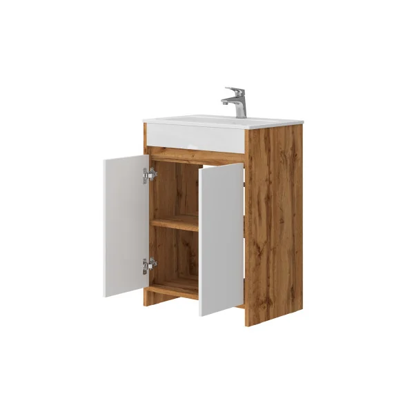 Meuble de Salle de Bain 60 cm avec Vasque Chêne et Blanc Meuble avec Lavabo en Céramique