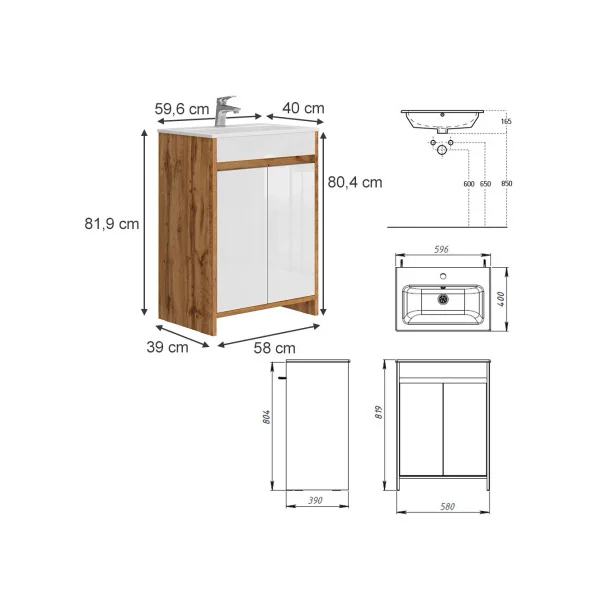 Meuble de Salle de Bain 60 cm avec Vasque Chêne et Blanc Meuble avec Lavabo en Céramique