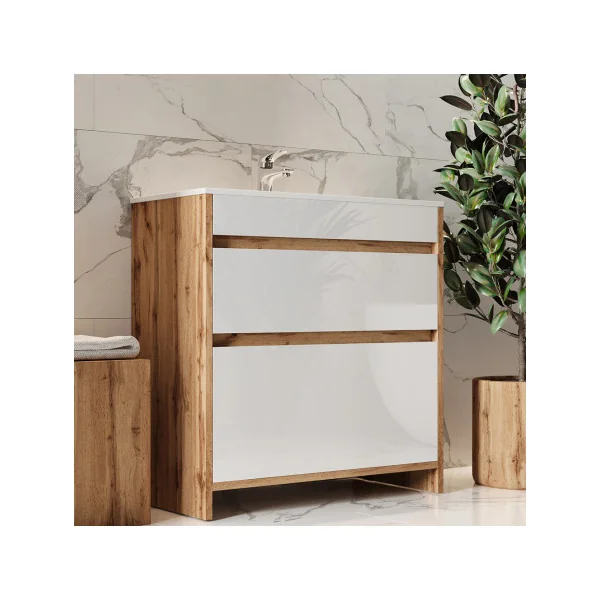 Meuble de Salle de Bain 80 cm avec Vasque 2 Tiroirs Chêne et Blanc Meuble avec Lavabo en Céramique