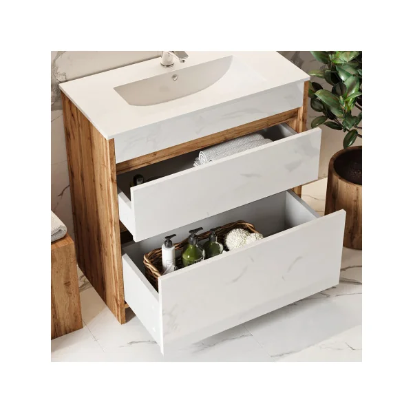Meuble de Salle de Bain 80 cm avec Vasque 2 Tiroirs Chêne et Blanc Meuble avec Lavabo en Céramique