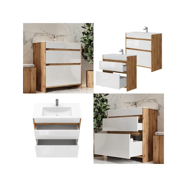 Meuble de Salle de Bain 80 cm avec Vasque 2 Tiroirs Chêne et Blanc Meuble avec Lavabo en Céramique