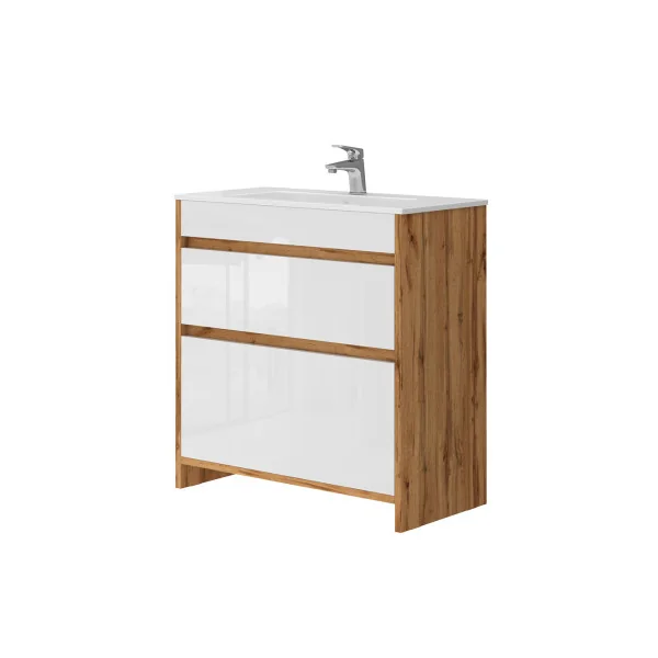 Meuble de Salle de Bain 80 cm avec Vasque 2 Tiroirs Chêne et Blanc Meuble avec Lavabo en Céramique