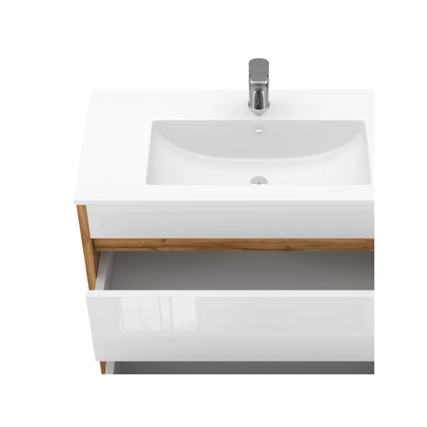 Meuble de Salle de Bain 80 cm avec Vasque 2 Tiroirs Chêne et Blanc Meuble avec Lavabo en Céramique