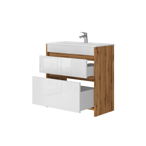 Meuble de Salle de Bain 80 cm avec Vasque 2 Tiroirs Chêne et Blanc Meuble avec Lavabo en Céramique