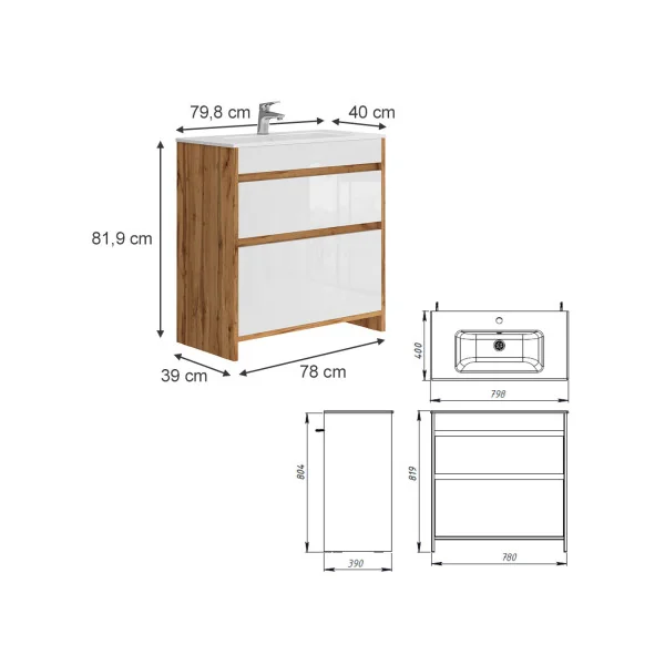 Meuble de Salle de Bain 80 cm avec Vasque 2 Tiroirs Chêne et Blanc Meuble avec Lavabo en Céramique