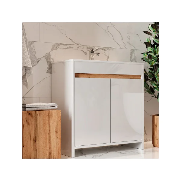 Meuble de Salle de Bain 80 cm avec Vasque Blanc et Chêne Meuble avec Lavabo en Céramique