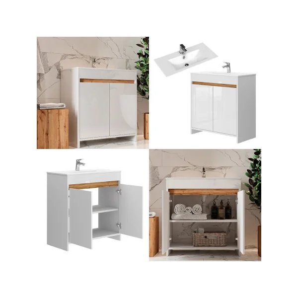 Meuble de Salle de Bain 80 cm avec Vasque Blanc et Chêne Meuble avec Lavabo en Céramique