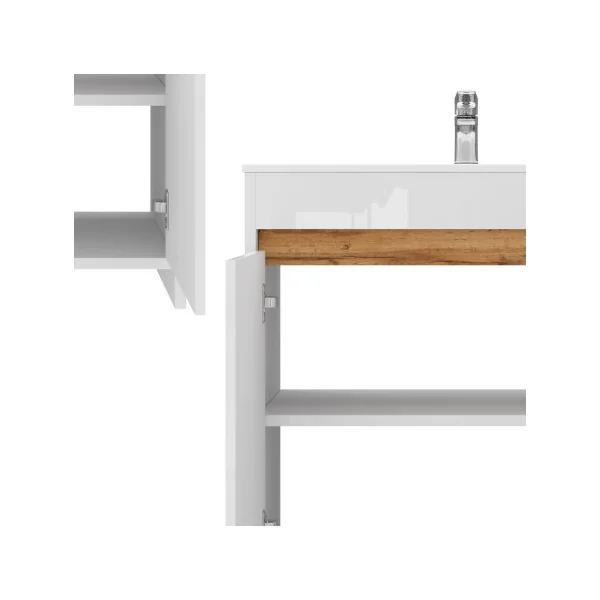 Meuble de Salle de Bain 80 cm avec Vasque Blanc et Chêne Meuble avec Lavabo en Céramique