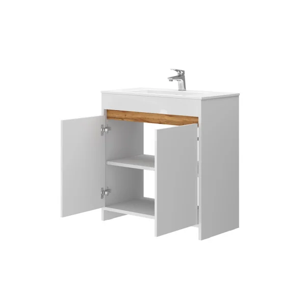 Meuble de Salle de Bain 80 cm avec Vasque Blanc et Chêne Meuble avec Lavabo en Céramique