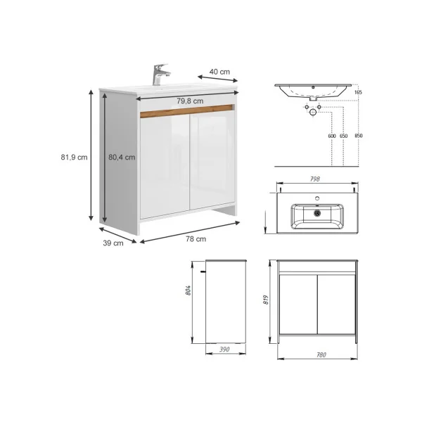 Meuble de Salle de Bain 80 cm avec Vasque Blanc et Chêne Meuble avec Lavabo en Céramique