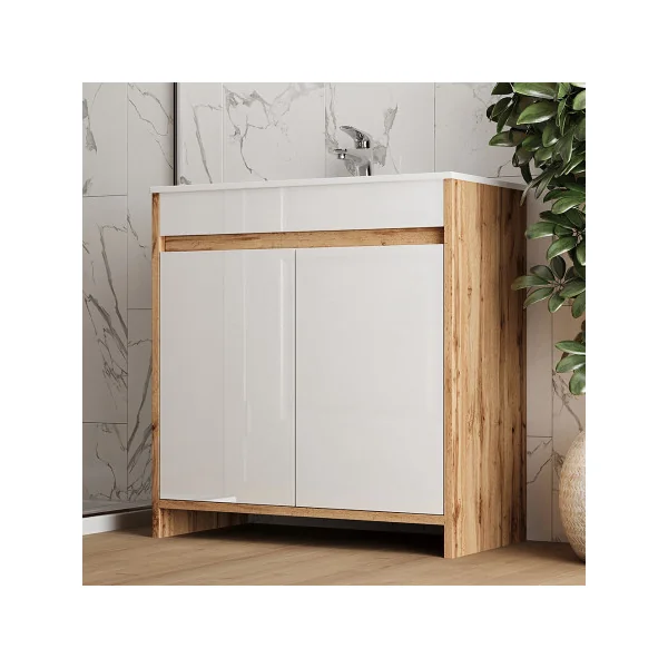 Meuble de Salle de Bain 80 cm avec Vasque Chêne et Blanc Meuble avec Lavabo en Céramique