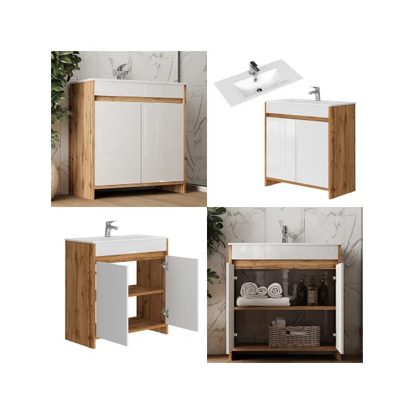 Meuble de Salle de Bain 80 cm avec Vasque Chêne et Blanc Meuble avec Lavabo en Céramique