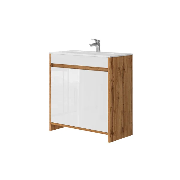Meuble de Salle de Bain 80 cm avec Vasque Chêne et Blanc Meuble avec Lavabo en Céramique